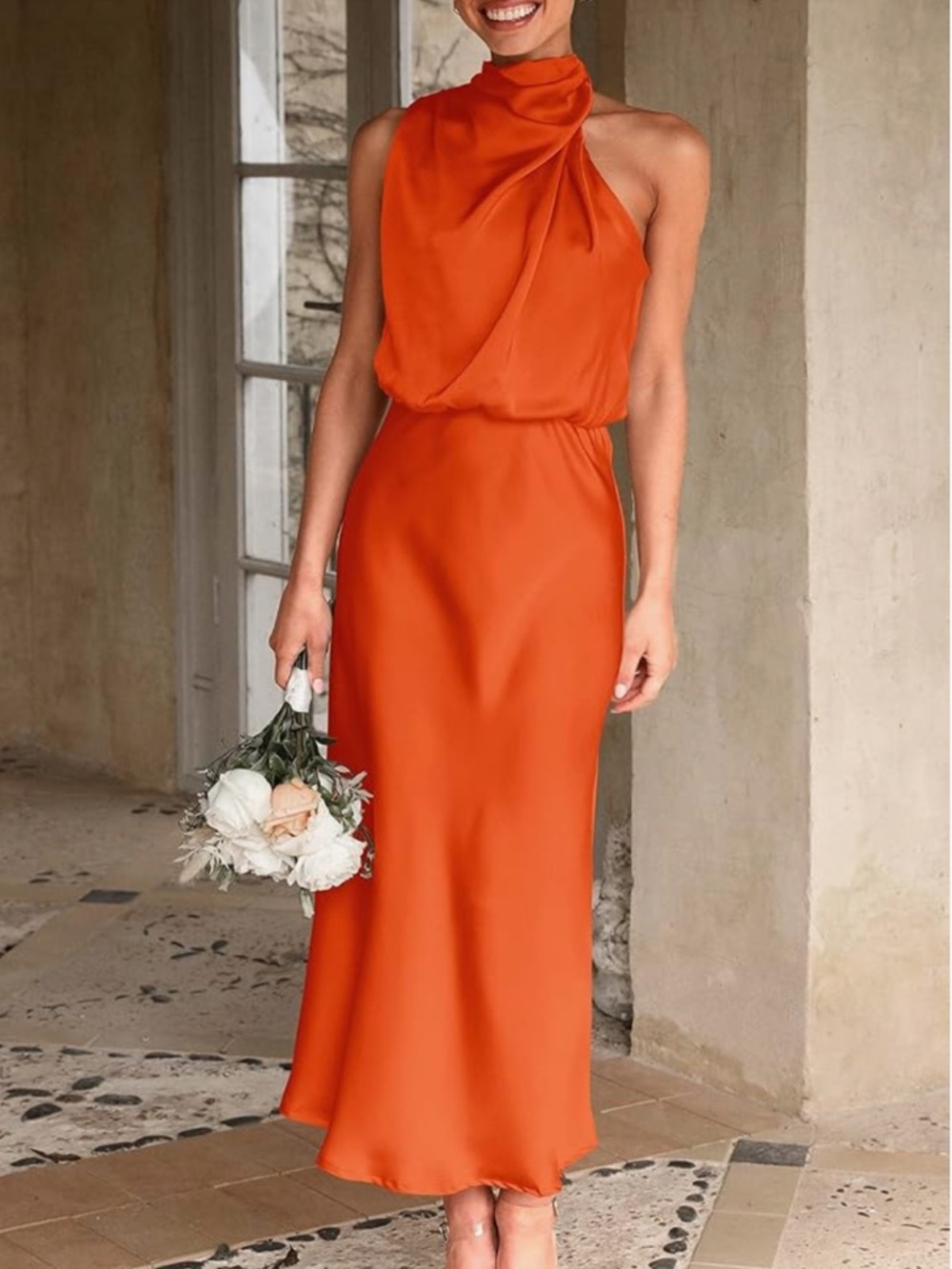 Orange Satin Mock Neck Dress